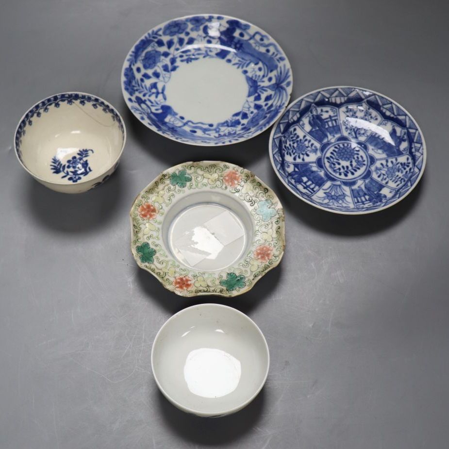 Three Chinese saucers, Chinese tea bowl, 18th century English tea bowl, largest 14cm